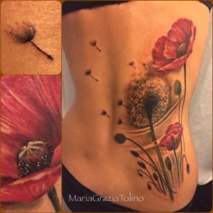 big dandelion and poppies tattoo