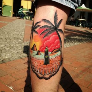 tatuaggio tramonto palme surf spiaggia by @forest_tattoo